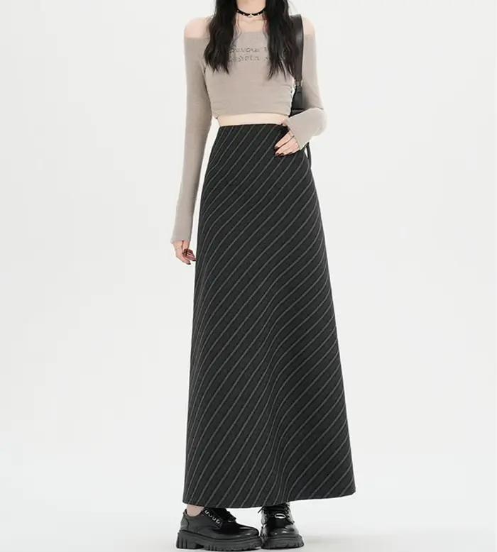 Jupe mi-longue amincissante taille haute pour femmes, nouvelle jupe longue ample à rayures diagonale