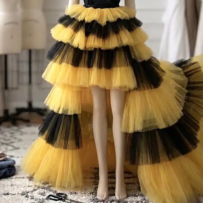 Jupe longue asymétrique à volants jaune et noir pour femme, taille élastique, à plusieurs niveaux, s