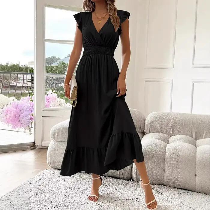 Robe longue d'été pour femmes à manches courtes, volants, sexy, élégante, col en V, robe maxi pour l