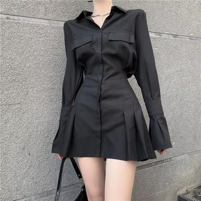 HOUZHOU Robe chemise noire femmes élégant Vintage robes à manches longues Sexy gothique plissé Stree