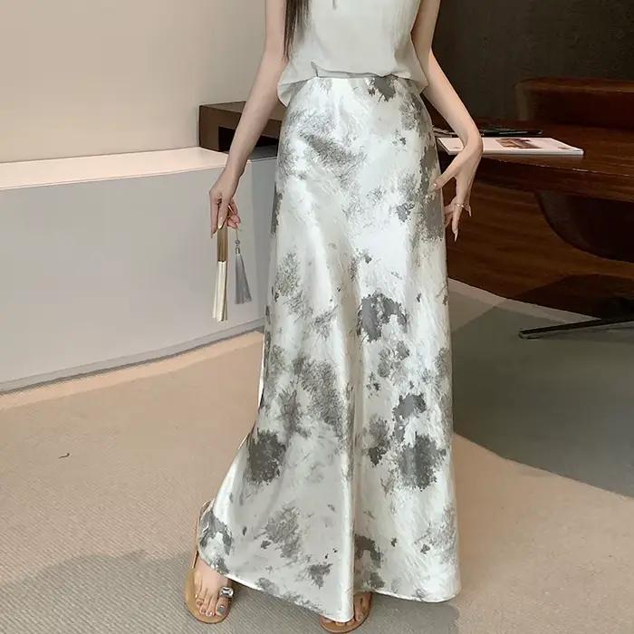 Jupe sirène en satin imprimée vintage taille haute pour femme, nouvelle collection été 2026, style c