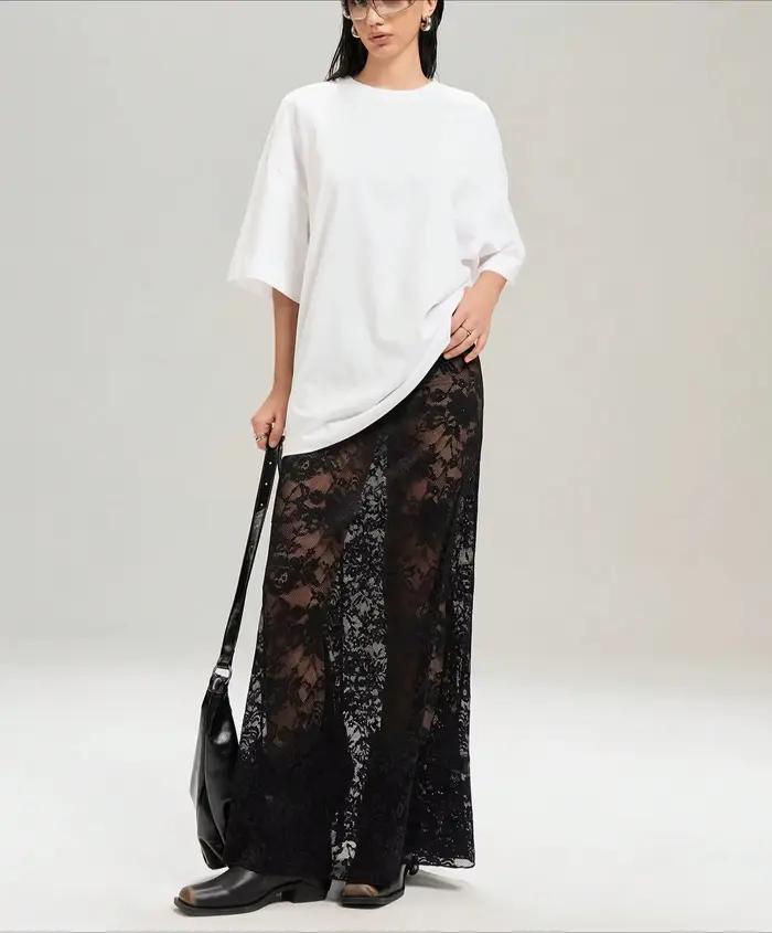 Nouvelle jupe en dentelle noire pour femme 2026, couleur unie, transparente, taille haute, coupe aju