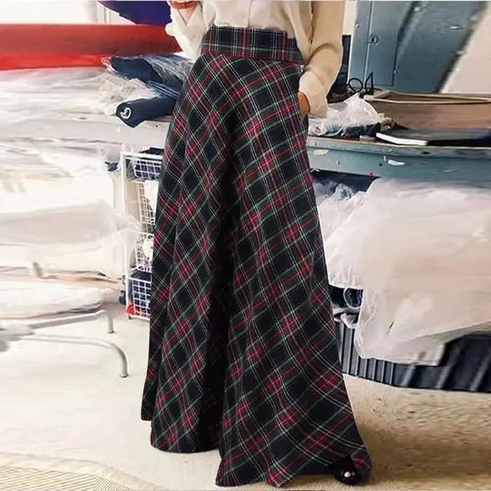 Vintage gris jupe plissée pour femmes femmes taille haute jupe longue une ligne Plaid hiver chaud ju