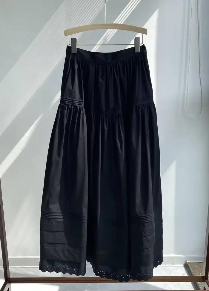 Jupe midi pour femme 100% coton, broderie patchwork, taille haute, coupe évasée, 2 couleurs