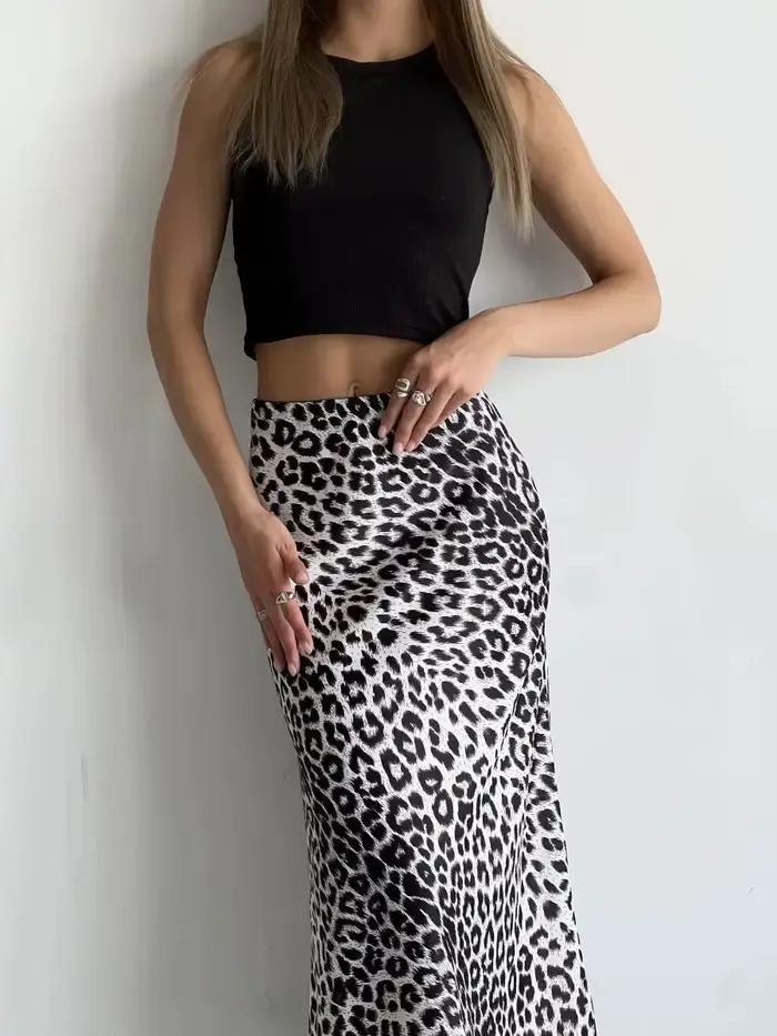 Jupe en satin, robe sexy imprimé léopard, robe soyeuse élastique taille haute