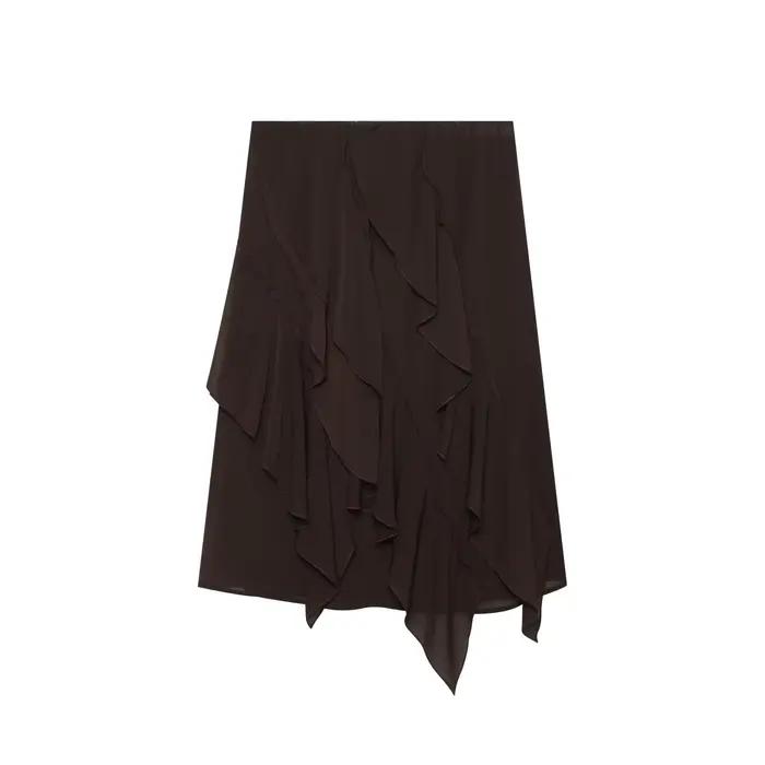 YENKYE Jupe midi asymétrique à volants marron foncé pour femme, taille haute, coupe trapèze, décontr