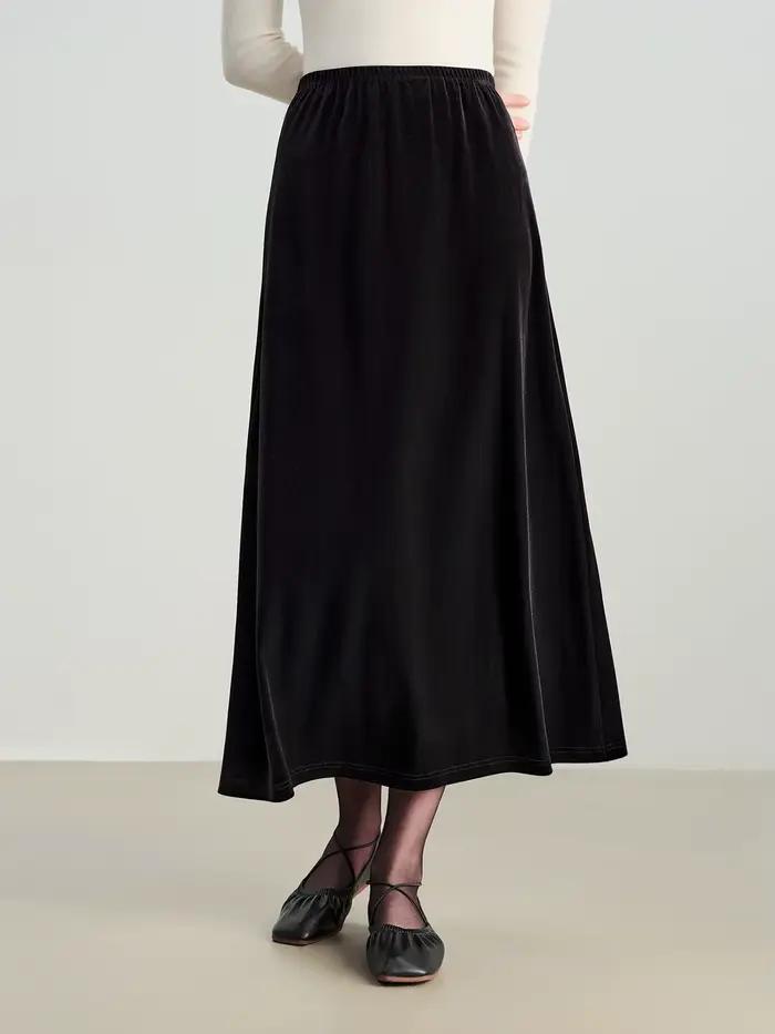 ZIQIAO Style français noir velours a-ligne jupe Midi pour les femmes 2025 automne hiver nouveau haut