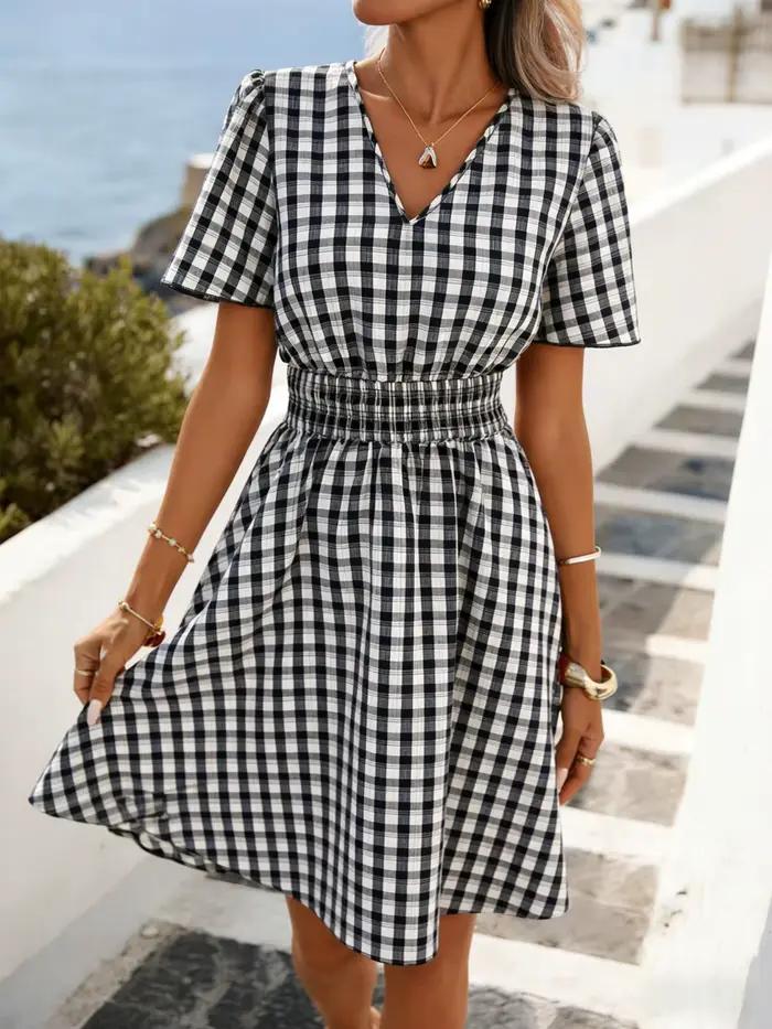 Robe Courte Femme à Col V en Gingham, Manches Courtes Bouffantes, Taille Élastiquée Smockée, Coupe T