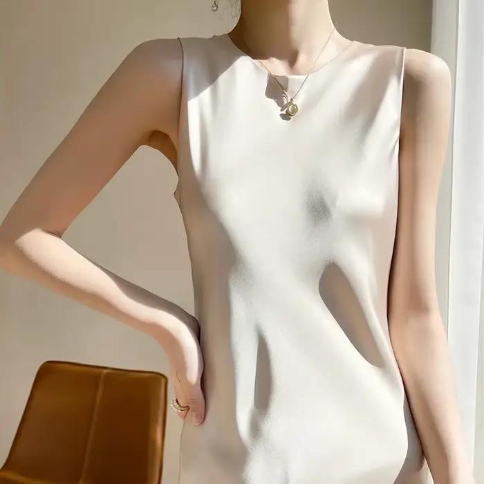 Robe longue trapèze sans bretelles en satin de soie pour femme, col rond, taille haute, sans manches