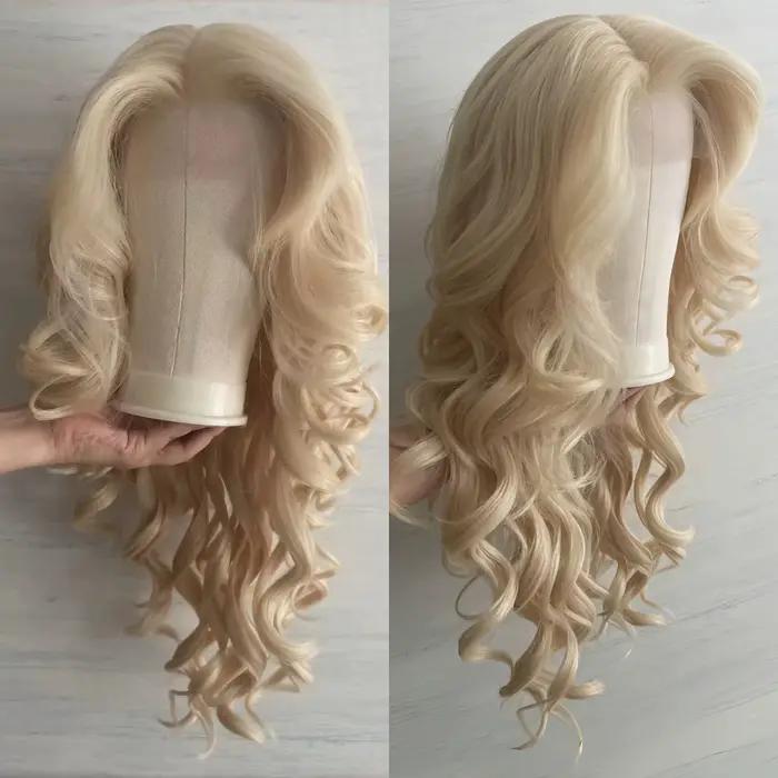 Perruque Lace Front Wig synthétique bouclée et ondulée, Blonde longue, 13x4, avec raie centrale, blo
