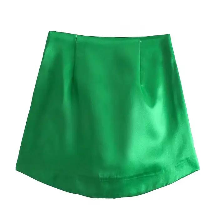 Slim Chic élégant femmes Mini jupes vert Satin haute rue solide côté fermeture éclair Sexy moulante