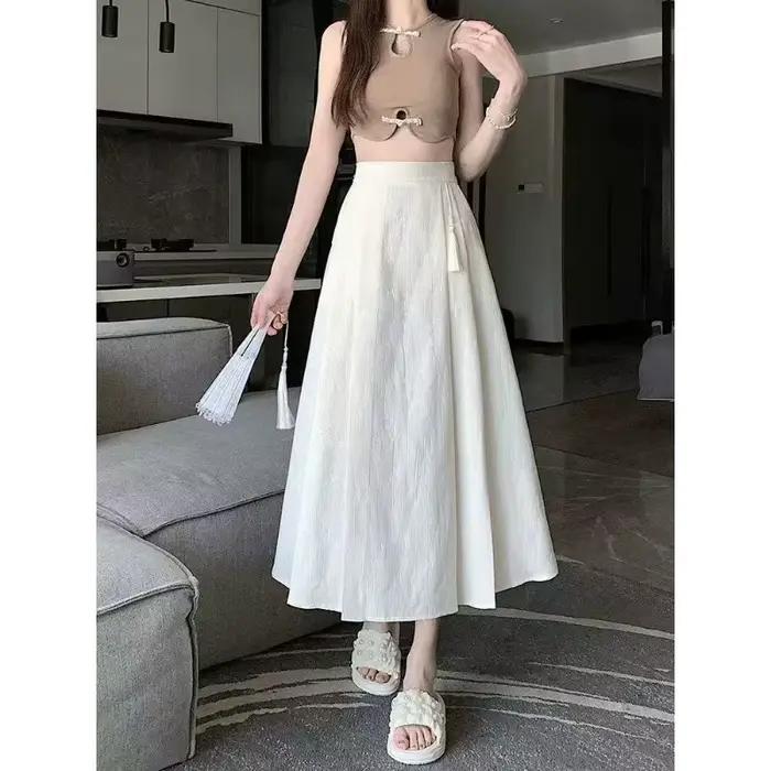 Nouvelle jupe de style chinois avec taille élastique, élégante et plissée