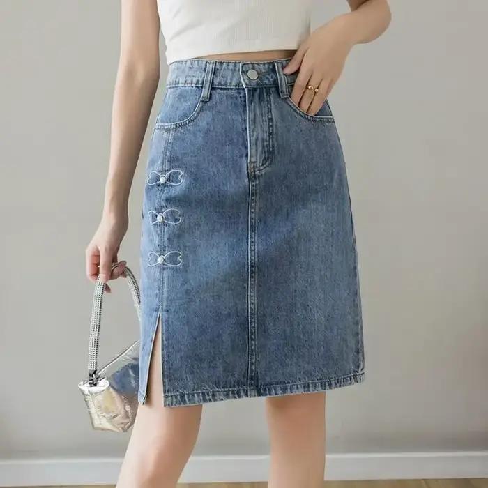 Jupe en jean mi-longue avec poche pour femme, vêtements trapèze mignons, jupes en jean femme, chic p