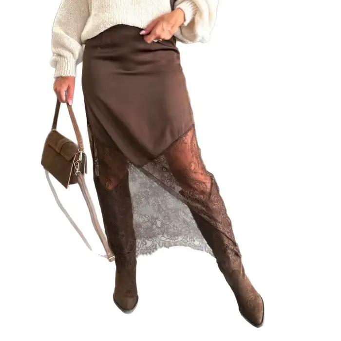 Jupes élégantes en Satin et dentelle rose pour femmes, couleur unie, boutons latéraux, Slim, longue,