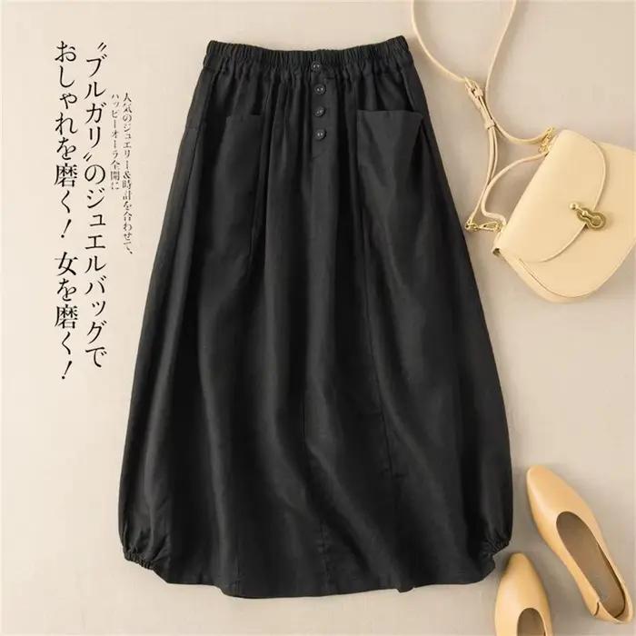 Jupe femme coton lin décontracté a-ligne jupes longues femme mode 2025 été ample couleur unie bouton