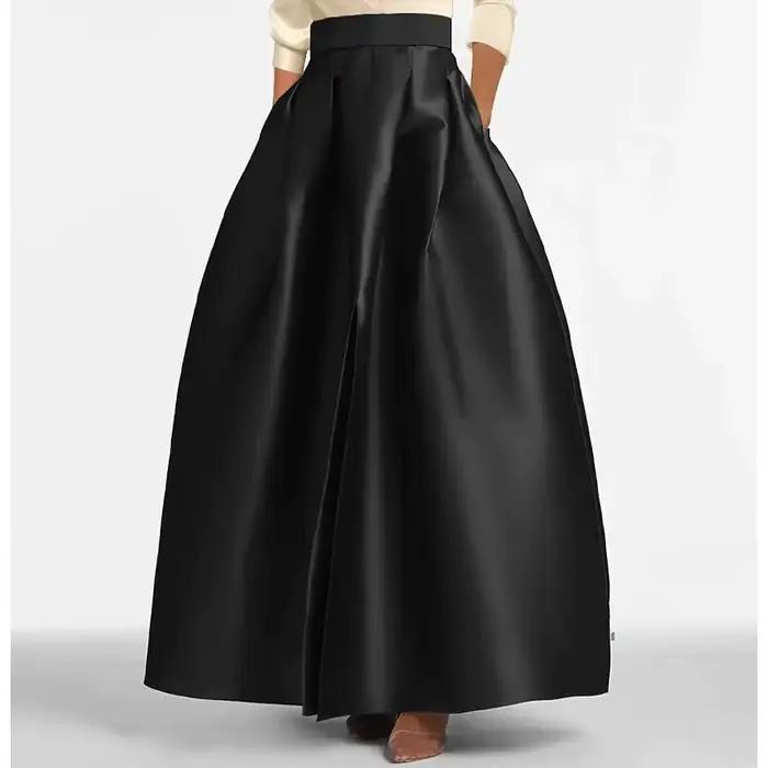 Jupes longues en Satin noir avec poche Morden, jupes formelles de fête, longueur au sol, fente centr