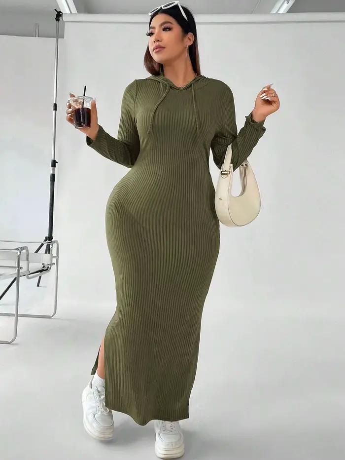 Robe pull à manches longues et col en V pour femme, grande taille, avec capuche, élégante, fendue, m
