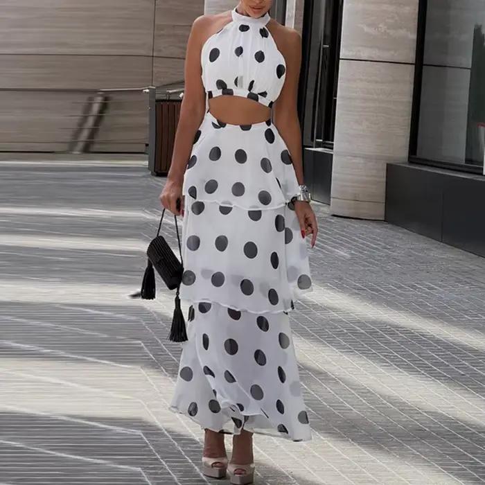 Ensemble jupe et haut à imprimé pois pour les fêtes, haut sexy sans manches à col halter et jupe à v