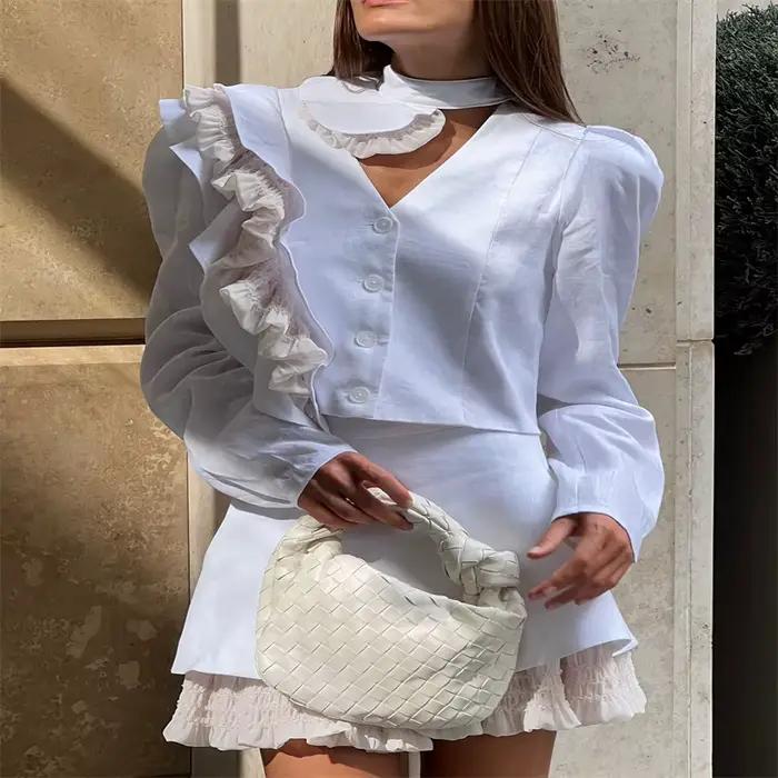 Ensemble jupe irrégulière à volants pour femmes, col écharpe, simple boutonnage, haut à manches long