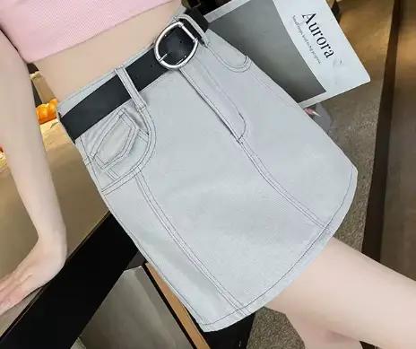 Jupe en jean gris pour femme, taille haute, design fin et élégant, coupe trapèze, idéale pour l'été