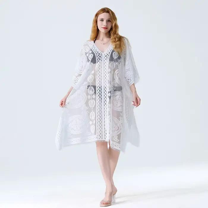 Robe de plage blanche en dentelle, Cover-Up pour les maillots de bain pour femmes, tunique longue, p