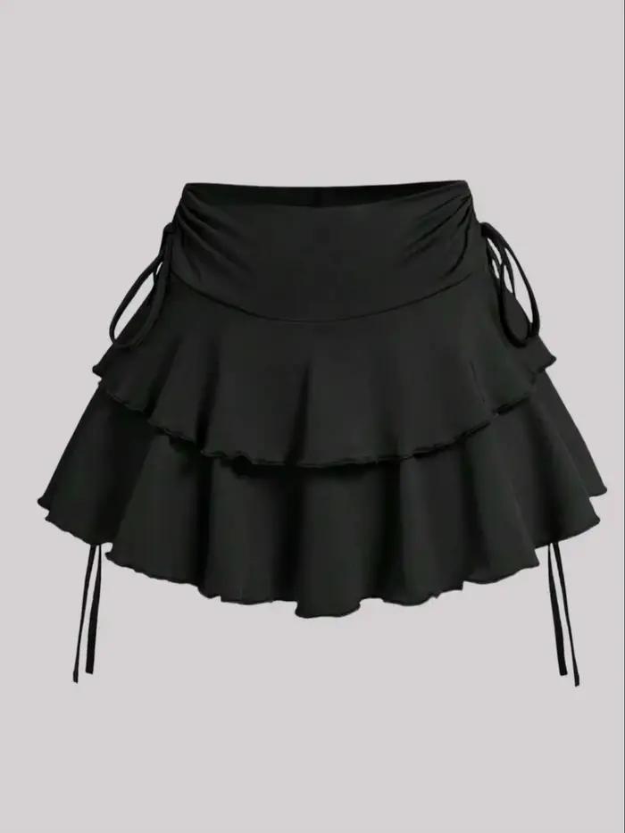 Jupe courte à volants pour femmes grandes tailles, taille haute, à plusieurs niveaux, avec cordon de
