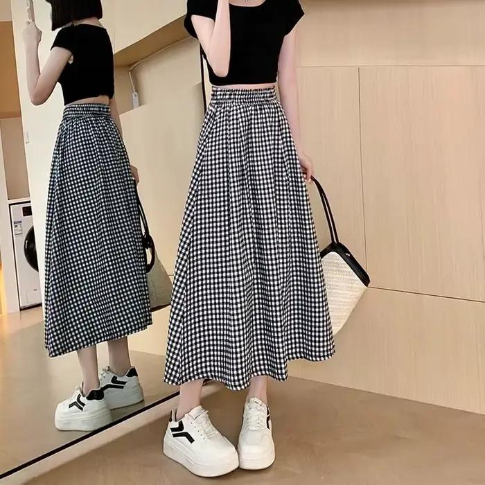 Jupe trapèze à carreaux noir et blanc pour femmes, légère, taille haute, longue, pour Petite, aminci