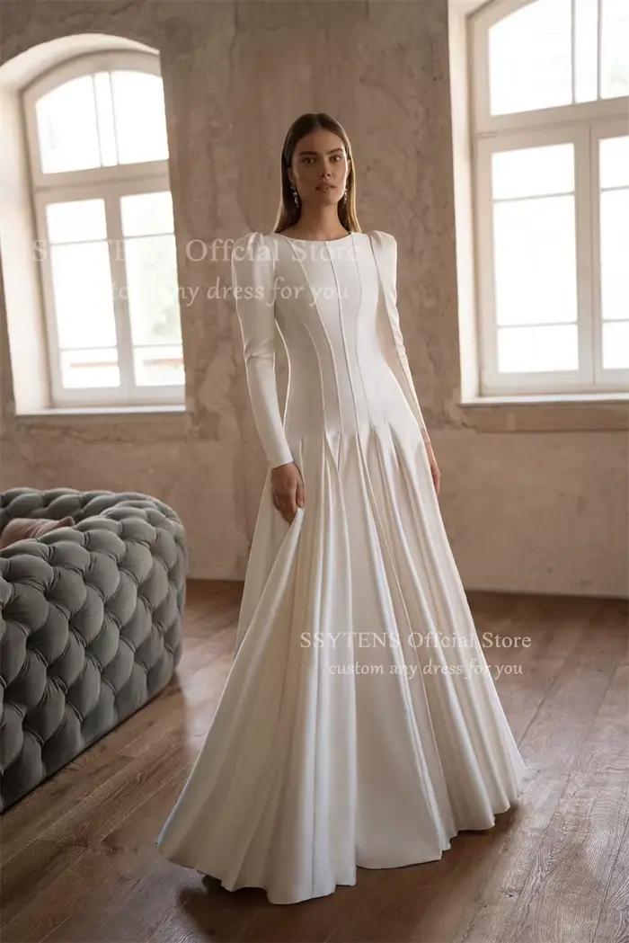 SSYTENS Chic blanc Satin robes de mariée manches longues longues robes de mariée a-ligne Robe de mar