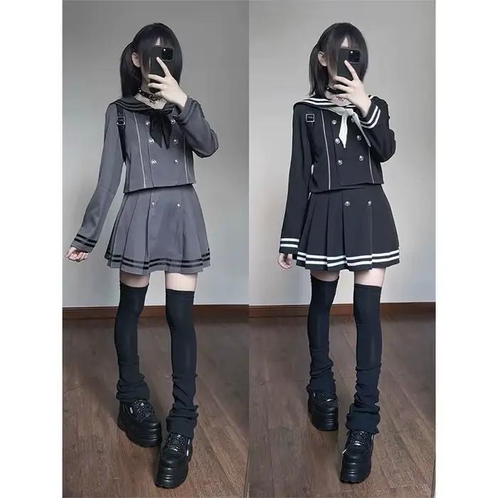 Ensemble 2 pièces style marin pour femme : haut croisé à nœud et jupe plissée mini à manches longues