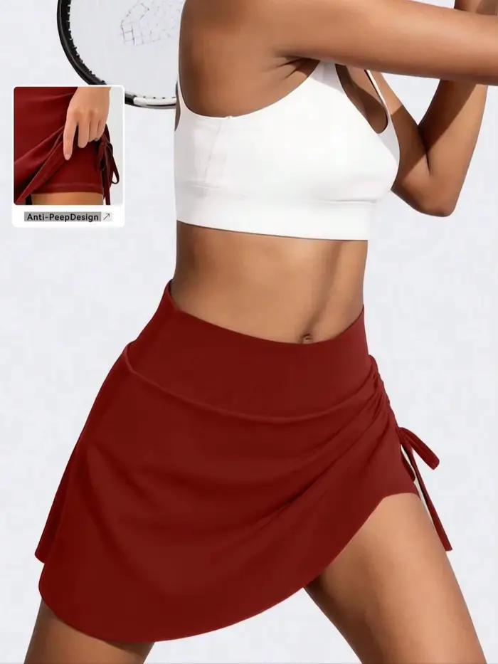 Jupe de tennis femme, jupe-short de sport froncée à cordon latéral ajustable, taille haute, effet ve