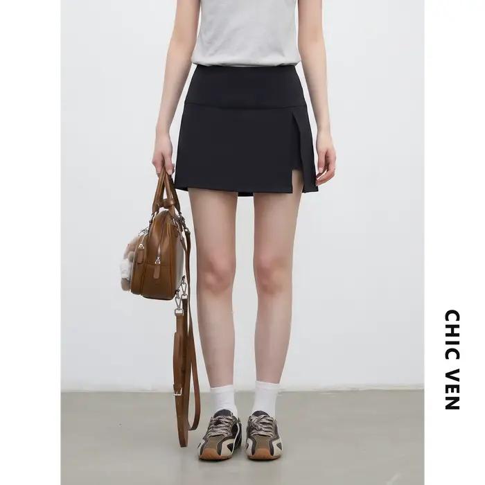CHIC VEN Nouvelle Jupe Femme Coupe Trapèze Noire Fendue, Jupe-Culotte Sportive Élastique Polyvalente