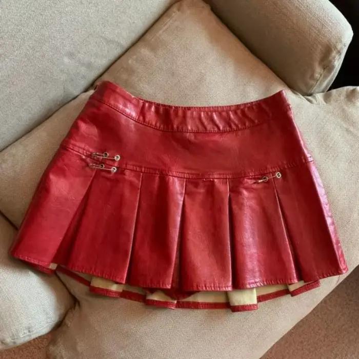 Jupe plissée en cuir PU américain pour femmes, Mini jupe Slim taille haute, rouge et noir