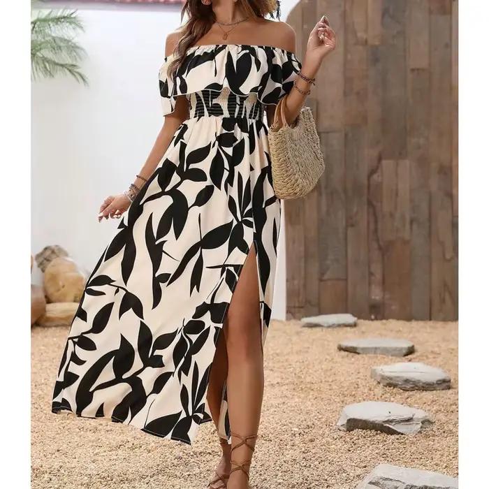 Jupe longue décontractée pour femme, taille haute, avec fente, motif floral végétal, en polyester, i