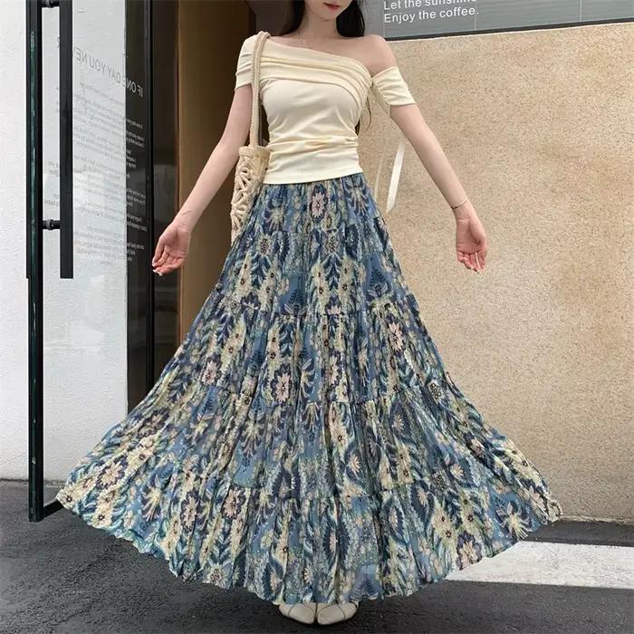 Jupes longues en mousseline de soie de style ethnique bohème pour femmes, été 2026, jupes maxi pliss