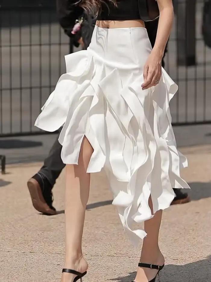 Jupe mi-longue asymétrique à volants cascade taille haute pour femme, style streetwear chic