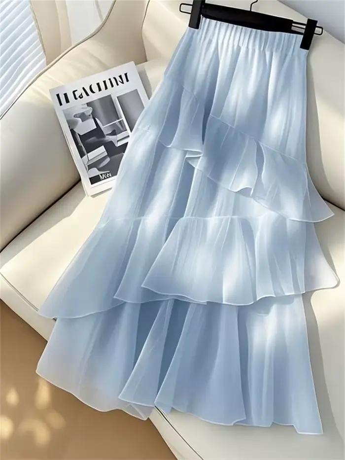 2025 printemps été femme nouveau Design belle jupe gâteau taille haute jupe en mousseline de soie bl