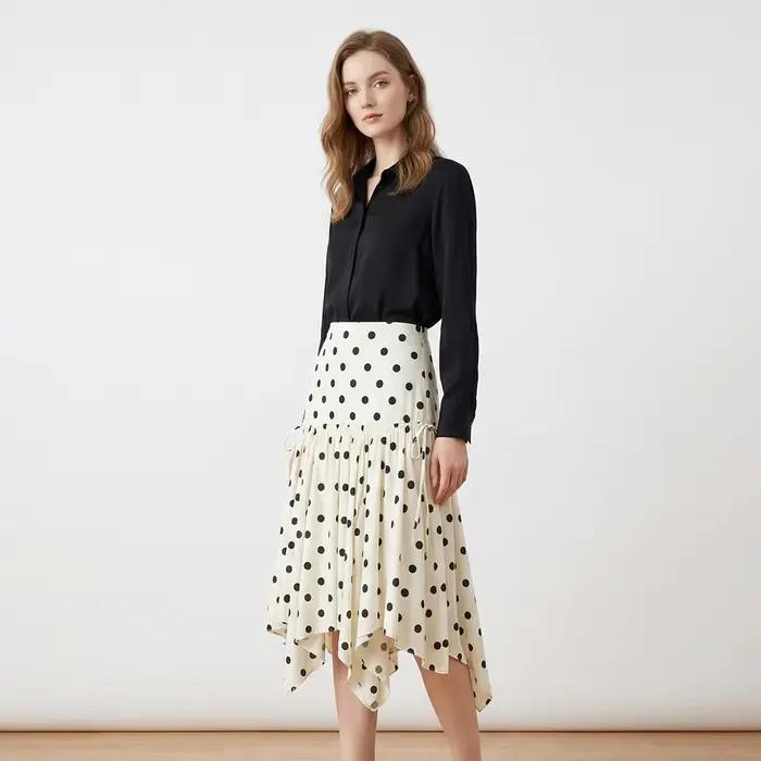 Jupe mi-longue décontractée pour femme, style vintage à pois, ourlet asymétrique, taille haute, cord
