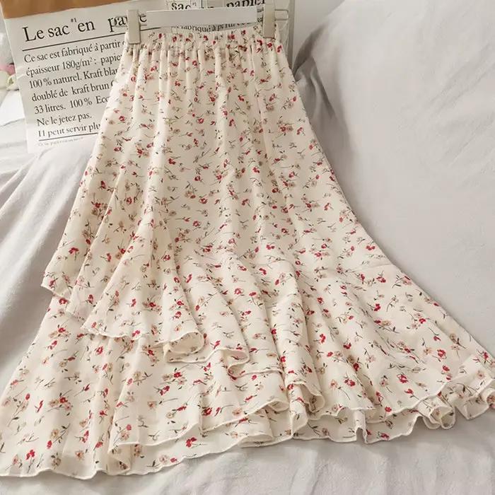 Jupes taille haute en mousseline de soie pour femmes, ourlet irrégulier, volants, chic, élégant, fle