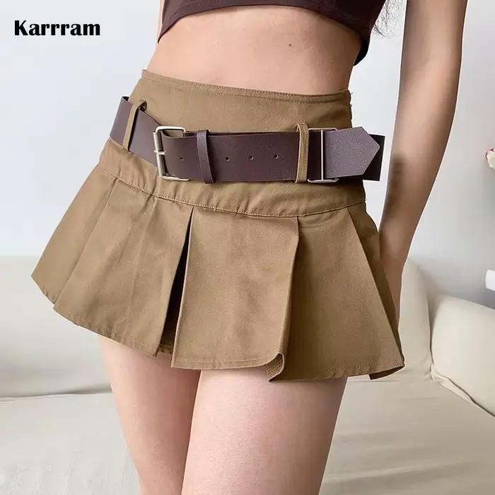 Karrram – Mini jupe plissée marron pour femmes, décontractée, taille haute, avec ceinture, mode coré