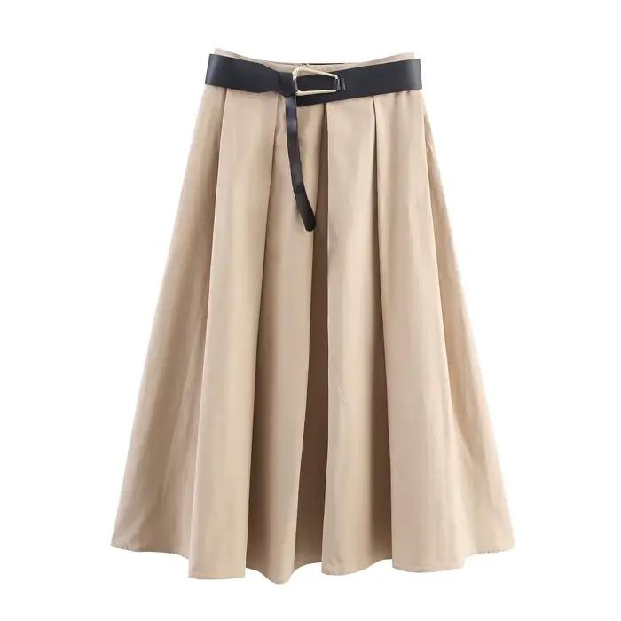 HH femmes mode Vintage ceinturé Cape-Style fermeture éclair Midi a-ligne jupe femme taille haute élé