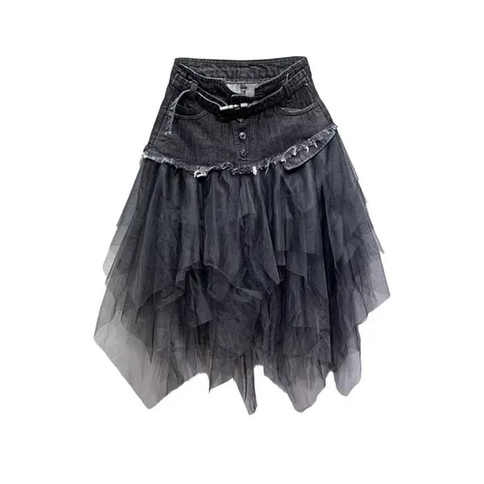 Jupe en jean taille haute pour femme, élégante, avec empiècements en maille, coupe trapèze, ourlet a