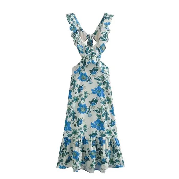 Robe longue imprimée à volants pour femmes, style fibre Beach, mode de vacances décontractée, été 20