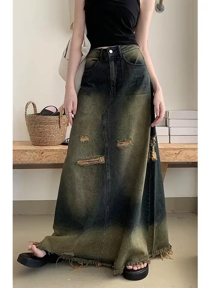 S-5XL Vintage Déchiré Trous Jeans Jupes Pompon Taille Haute Jupes sulfMaxi A-Line adt Casual Denim J