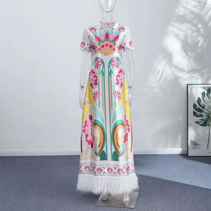 Robe longue imprimée pour femme, à manches mi-longues et col rond, avec ourlet à franges, tenue de m