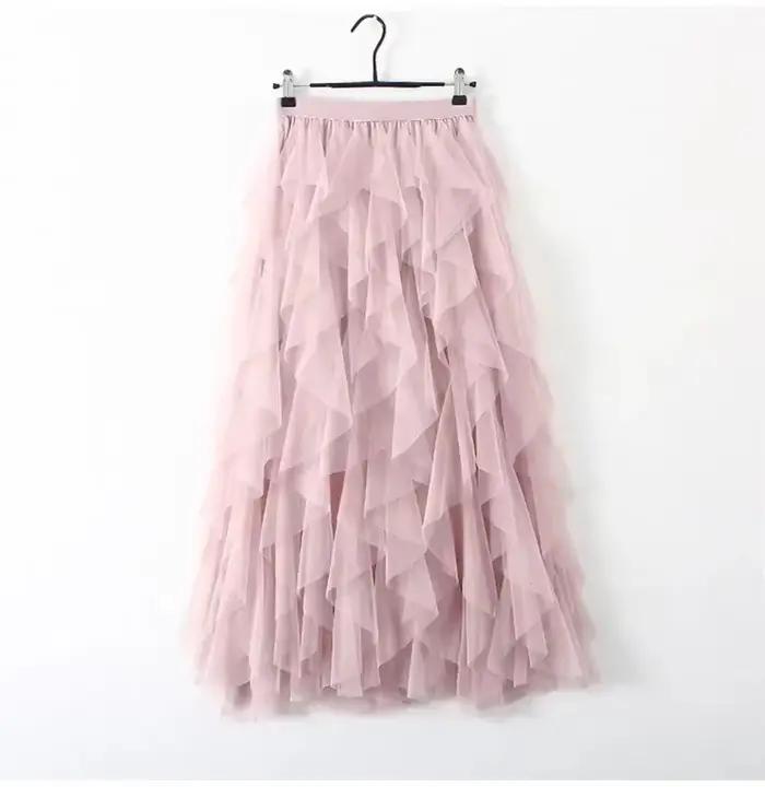 Jupe longue plissée en tulle et gaze à taille haute pour femme, coupe trapèze élastique, irrégulière