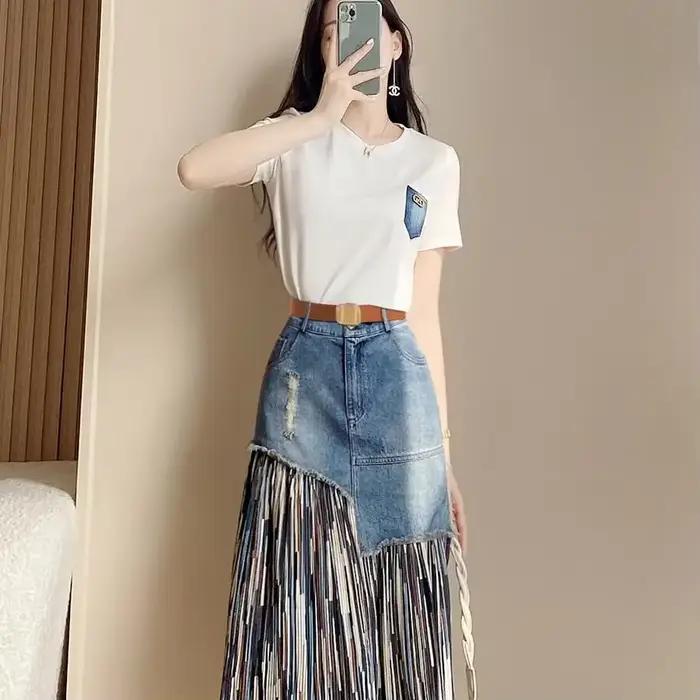 Ensemble jupe en jean deux pièces pour femmes, tenues féminines, bureau, midi, haut de style coréen,