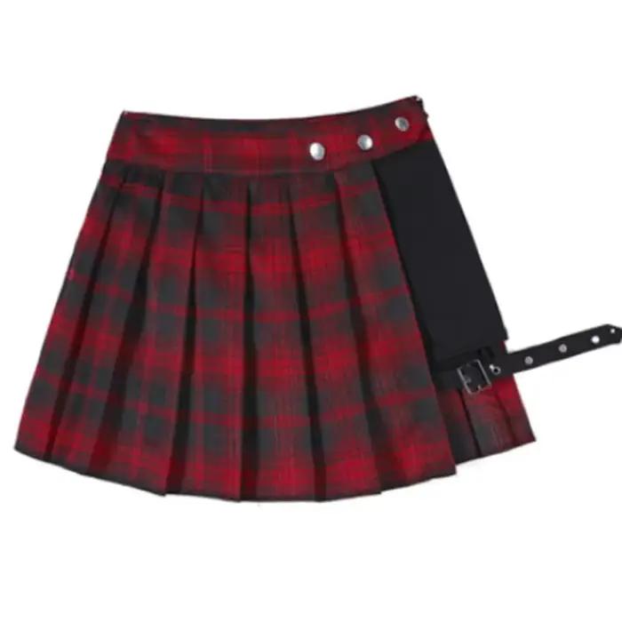 Jupes plissées rouges Streatwear plaid bouton latéral jupe femmes décontracté Mini jupe tout Match f