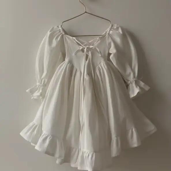 Jupe Lolita en coton et lin pour enfants, robe de princesse simple, col monochrome, rétro