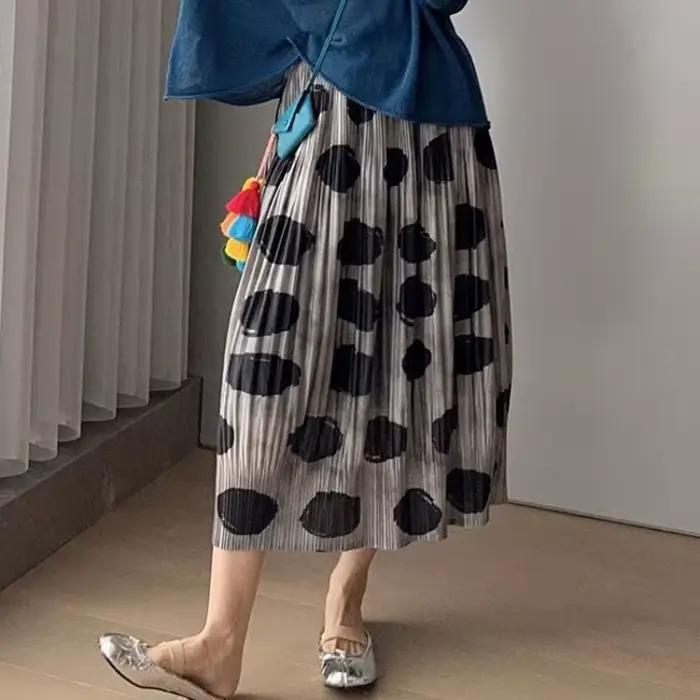 Miyake – demi-jupe plissée noire à pois pour femmes, Simple, décontractée, ample, mode, polyvalente,