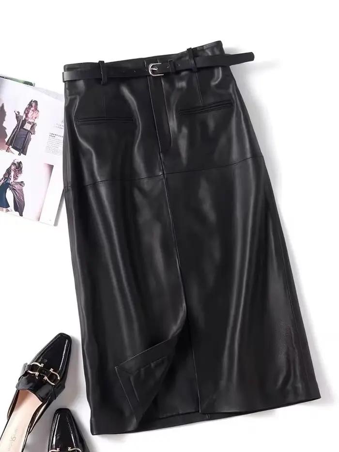 Femmes jupe longue en cuir 2025 hiver euro-américain longueur de mollet 100% peau de mouton mince ju